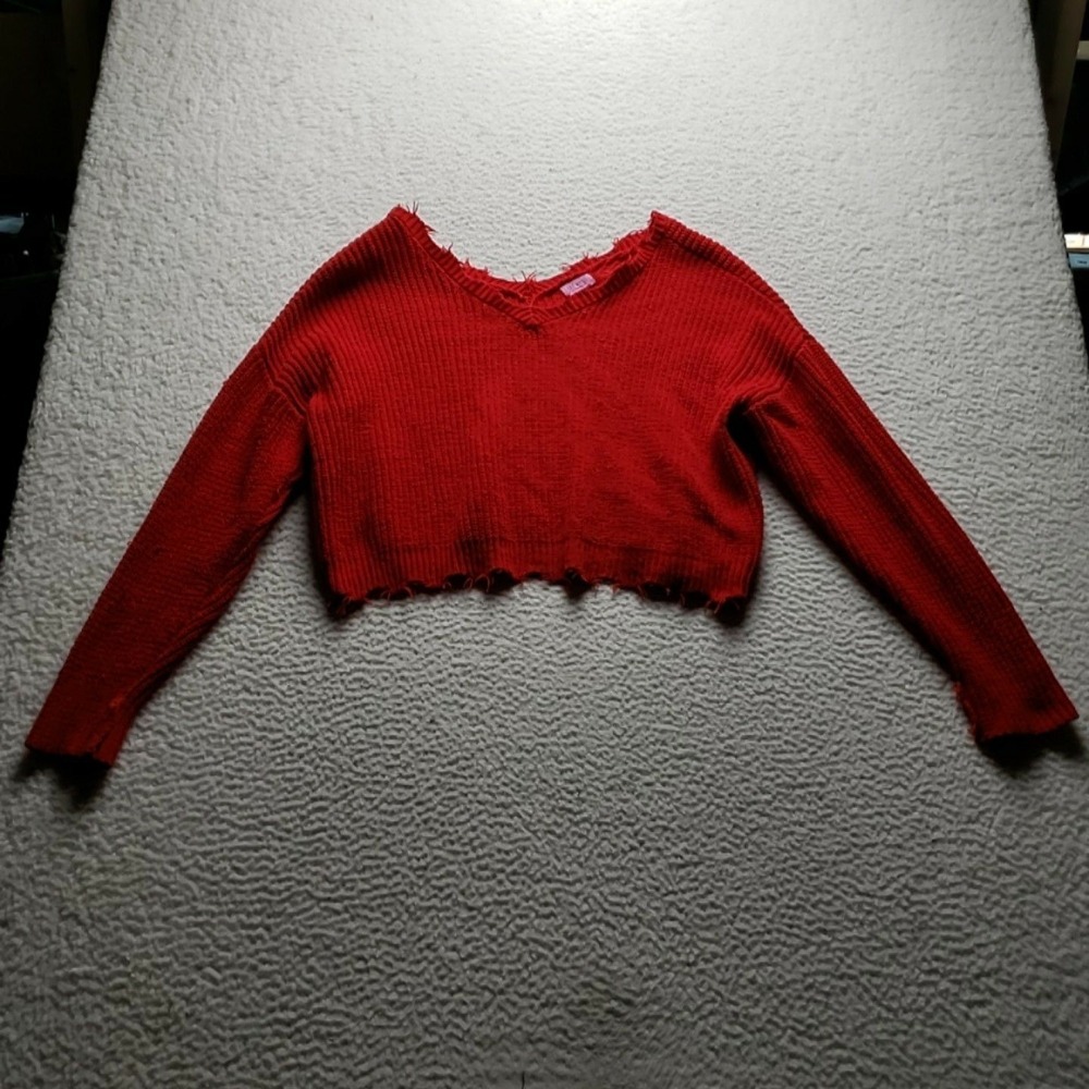 Francesca's Sweater Womens Medium Red V Neck Long Sleeve Cropped Knit Pullover